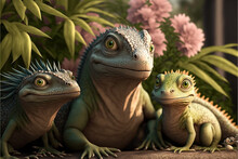 Cute Iguana With His Kids Character At Garden Background. Generative AI