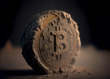 A Fossil Bitcoin Very Detailed, The Coin Was Buried In The Ground. Old And Forgotten. Made With Generative AI