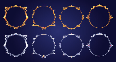 Poster - Empty circle silver and gold frames in medieval style for game ui design. Vector cartoon set of user interface elements with metal thin border with gems isolated on background