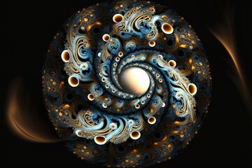 a computer generated image of a blue and gold spiral design on a black background with a white cente