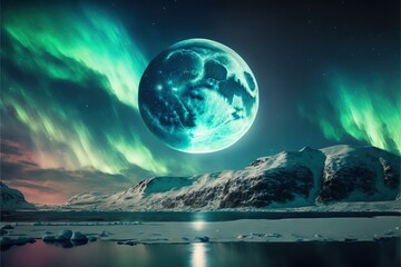 Wall Mural -  a full moon is seen above a mountain range with a lake in the foreground and a green aurora light in the sky above it, with a reflection of the moon and snow on the.