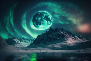 Wall Mural -  a green and blue painting of a mountain and a moon in the sky with a lake below it and a mountain range in the foreground with a lake below it and a green light.