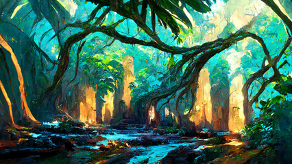 Tropical Rainforest forest Maya ancient culture illustration Generative AI Content by Midjourney