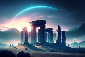 Futuristic fantasy landscape with stonehenge, planet, mountains and sunrise