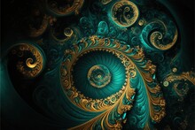  A Computer Generated Image Of A Spiral Design In Teal And Gold Colors With A Black Background And A Gold Spiral Design In The Middle Of The Image Is A Spirals And A Gold.