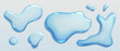 © klyaksun - Liquid spills, water drops and puddles isolated on transparent background. Clear droplets of pure aqua, blue cosmetic serum or gel in top view, vector realistic set