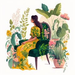 Wall Mural - A modern gouache drawing of a woman in a bohemian dress