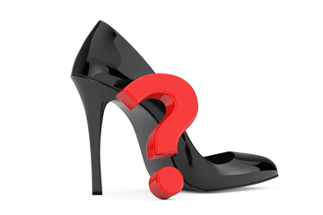 Poster - Black High Heels Wooman Shooes with Red Question Mark. 3d Rendering