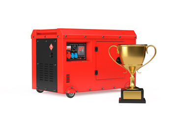 Wall Mural - Big Red Outside Auxiliary Electric Power Generator Diesel Unit for Emergency Use with Golden Award Trophy Cup. 3d Rendering