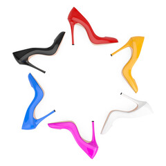Aufkleber - Multicolored High Heels Wooman Shooes in Shape of Circle. 3d Rendering