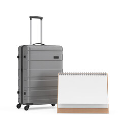 Aufkleber - Travel Holiday Vacation Concept. Modern Luxury Plastic Gray Suitcases with Blank Paper Desk Spiral Calendar. 3d Rendering