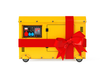 Aufkleber - Big Yellow Outside Auxiliary Electric Power Generator Diesel Unit for Emergency Use with Red Gift Ribbon and Bow. 3d Rendering