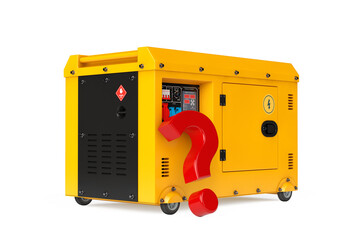 Poster - Big Yellow Outside Auxiliary Electric Power Generator Diesel Unit for Emergency Use with Red Question Mark. 3d Rendering