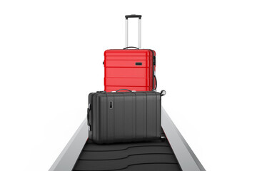 Aufkleber - Travel Holiday Vacation Concept. Modern Luxury Plastic Red and Black Suitcases over Airport Luggage Conveyor Belt, Manufacture Line or Baggage Claim Area. 3d Rendering