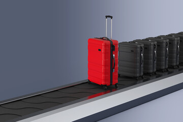 Aufkleber - Travel Holiday Vacation Concept. Modern Luxury Plastic Red and Black Suitcases over Airport Luggage Conveyor Belt, Manufacture Line or Baggage Claim Area. 3d Rendering