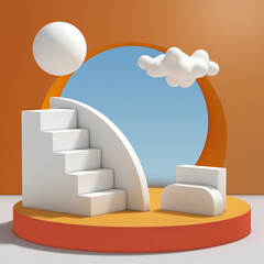 Fototapete - Abstract Minimal Realistic Geometric  White and Yellow Arc, Cubes and Stair Pedestal Podium Set, Promotion Display for Product Showcase. 3d Rendering