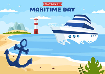 Wall Mural - World Maritime Day Illustration with Sea and Ship for Web Banner or Landing Page in Flat Blue Nautical Celebration Cartoon Hand Drawn Templates