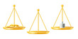 Set of weight scales with golden nuggets, weight measure and empty, part of golden justice scales, ancient weight scales on side view isolated illustration