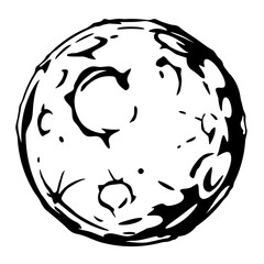 full moon cartoon with big craters in black and white colors isolated, silhouette of the planet with