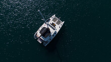 Catamaran Motorboat In The Sea, Drone Overhead