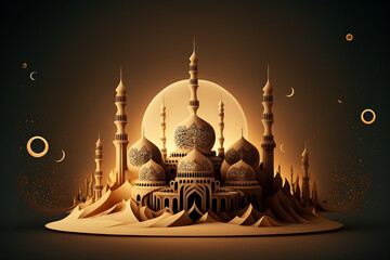 Wall Mural - An illustration of a mosque with Islamic art, created by Generative AI.
