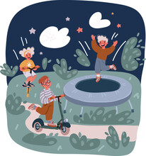 Cartoon Vector Illustration Of Kids Playing Characters. Boy And Girl Jump On Trampoline, Jumpen Stick And Kick Scooter.
