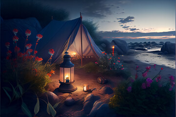 illustration of tent with candles and romantic dinner at beach. AI