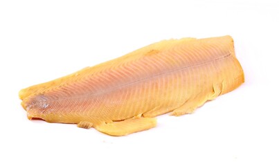 Skinless smoked rainbow trout on white background.