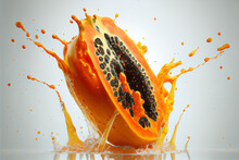 Illustration Of Fresh Papaya Fruit With Water Splash On White Background