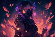 Apocalypse Concept Of The Woman With A Gas Mask Creating Fairy Light Butterflies With Magic, Anime, Fantasy - Generative Ai