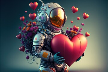 futuristic love alien warrior astronaut robot in cyber suit, helmet made of fresh spring flowers and