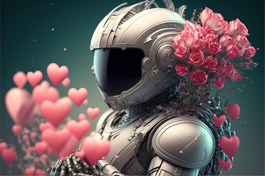 Futuristic love alien warrior astronaut robot in cyber suit, helmet made of fresh Spring flowers and hearts balloon, mask portrait. Valentine's Day from space. Generative AI