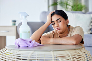 Poster - Cleaning, burnout and bored with a woman in the living room of her home for hygiene or housework. Depression, tired and housekeeping with a frustrated female cleaner in an apartment domestic work