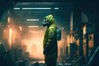 Man with gas mask and anti-radiation suit in an abandoned factory, anime, fantasy - generative ai