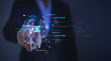 Executive businessman finger pointing at virtual screen showing results of intelligent AI learning system. Concept of using data and algorithms to mimic the way humans learn.