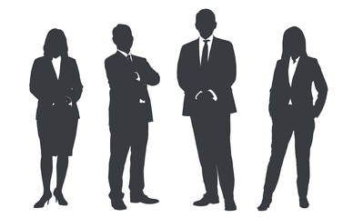 Wall Mural - Business people group gray silhouettes pose on white background, flat line vector and illustration.