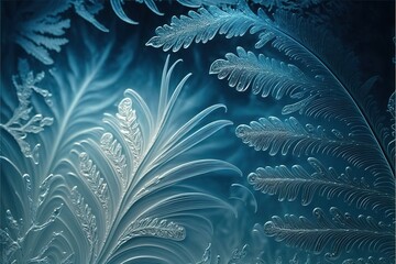 Poster - Frozen pattern on the window. Frosted glass in amazing elements. Winter crystal background texture. 3D render. AI generated.