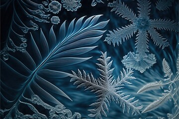 Poster - Frozen pattern on the window. Frosted glass in amazing elements. Winter crystal background texture. 3D render. AI generated.