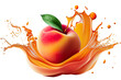 peach with peach juice splash isolated