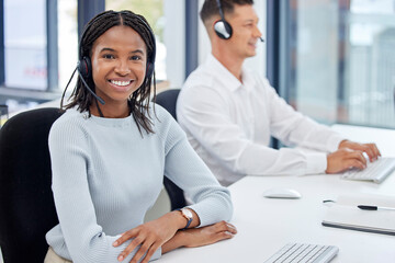 Woman portrait, call center and customer service at office while consulting online for CRM or contact us. Happy team at help desk for telemarketing, sales support and communication with a smile