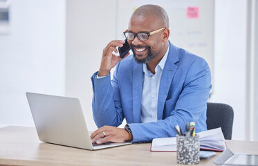 Poster - Black man, laptop and phone call communication in office for web design, online conversation or smile reading tech email. African businessman, happy planning strategy and talking on smartphone call