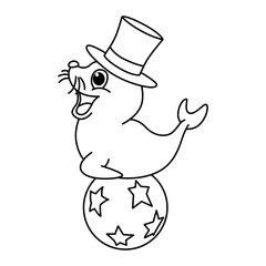 Wall Mural - Funny circus walrus cartoon vector coloring page