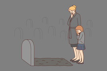 Depressed Woman And Child Crying At Tombstone 