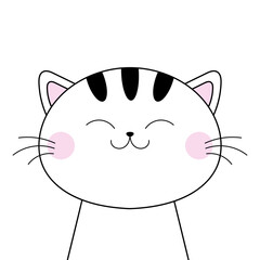 Cat face head line contour silhouette icon. Cute cartoon funny character. White black kitten pet. Funny kawaii smiling doodle animal. Pink cheeks. Flat design Baby background