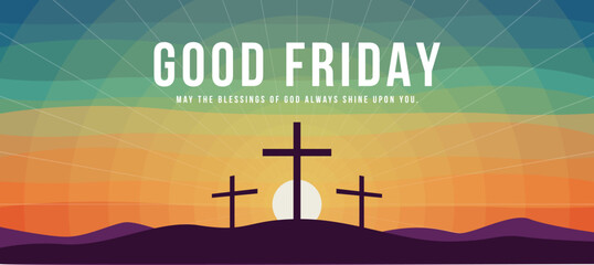 Wall Mural - Good friday - Three cross crucifix on mountain and orange green sky and sunshine texture background vector design