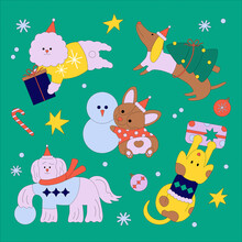 Cute Cartoon Christmas Dogs Graphic Flat Style.
