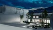 Entwurf eines Einfamilienhauses mit Dachterrasse und Swimmingpool bei Abendbeleuchtung (Stadtpanorama von Athen im Hintergrund)  - 3D Visualisierung mit Video-Hintergrund