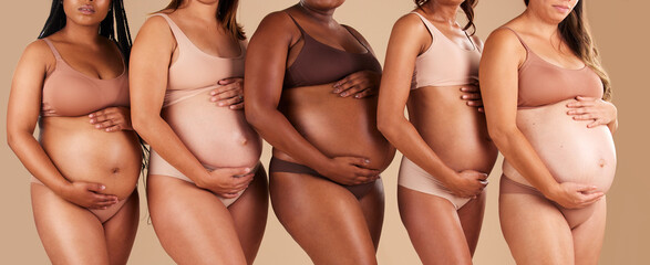 Pregnancy, body or women touching stomach in support, love or community diversity on studio background. Pregnant, friends or mothers in underwear for belly growth, empowerment or healthcare wellness