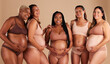 © Lumeez/peopleimages.com - Pregnancy body, portrait or laughing women on studio background in diversity empowerment, baby support or community. Smile, happy or pregnant friends in underwear with stomach in funny joke