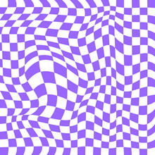 Distorted Chessboard Surface. Chequered Optical Illusion In 2yk Style. Psychedelic Dizzy Pattern With Warped Purple And White Squares. Trippy Checkerboard Background